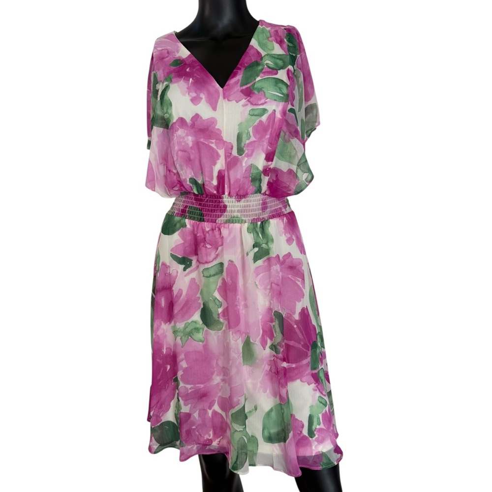DKNY Pink and Green Floral Midi Dress